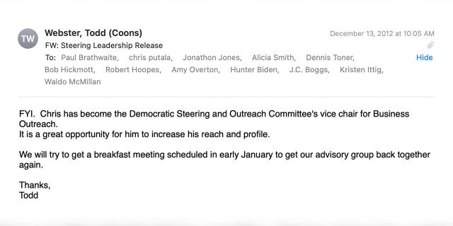 Coons' chief of staff email to advisory group