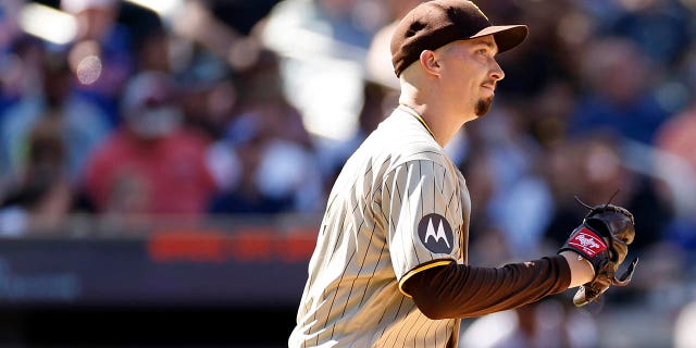 Blake Snell of the San Diego Padres reacts after giving up an RBI single during the sixth inning against the New York Mets at Citi Field April 12, 2023, in the Flushing neighborhood of the Queens borough of New York City.