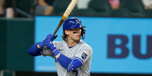 Bobby Witt Jr. #7 of the Kansas City Royals hits in the game against the Texas Rangers at Globe Life Field on May 10, 2022 in Arlington, Texas.