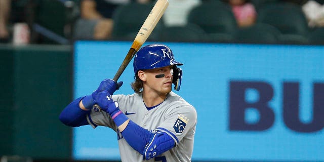 Bobby Witt Jr. #7 of the Kansas City Royals hits in the game against the Texas Rangers at Globe Life Field on May 10, 2022 in Arlington, Texas.