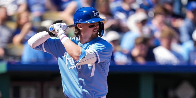 Bobby Witt Jr. #7 of the Kansas City Royals bats against the Minnesota Twins on April 2, 2023 at Kauffman Stadium in Kansas City, Missouri.