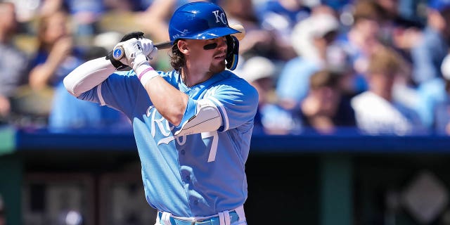 Bobby Witt Jr. #7 of the Kansas City Royals bats against the Minnesota Twins on April 2, 2023 at Kauffman Stadium in Kansas City, Missouri.