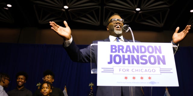 Union organizer and Cook County Commissioner Brandon Johnson speaks after being projected winner as mayor in Chicago on Tuesday. Johnson won in a tough runoff against the more conservative Paul Vallas after the two outpolled incumbent Mayor Lori Lightfoot in February.