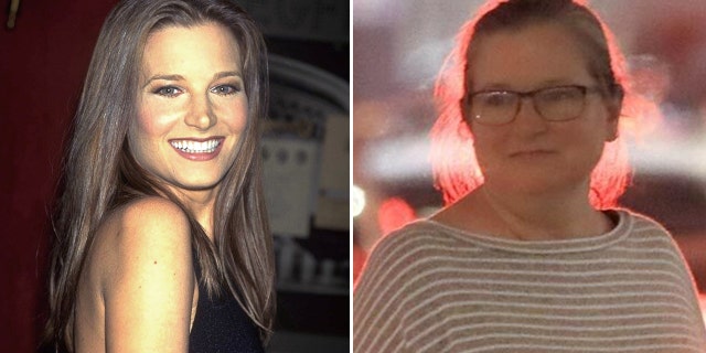 Bridget Fonda wears grey striped T-shirt at airport and seen in portrait
