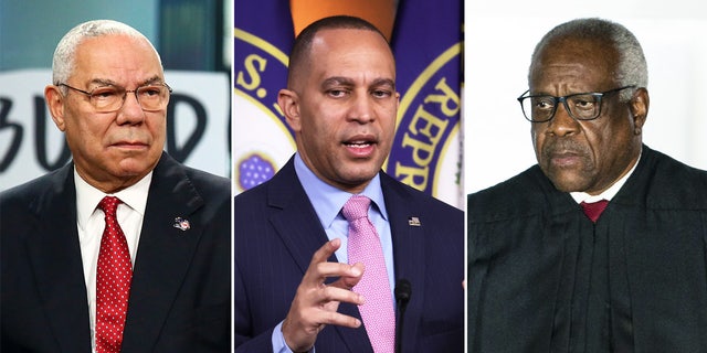 House Minority Leader Hakeem Jeffries, D-N.Y., center, penned an article during his college career that referred to Supreme Court Justice Clarence Thomas, right — as well as former Secretary of State Colin Powell, left — as "House Negroes."