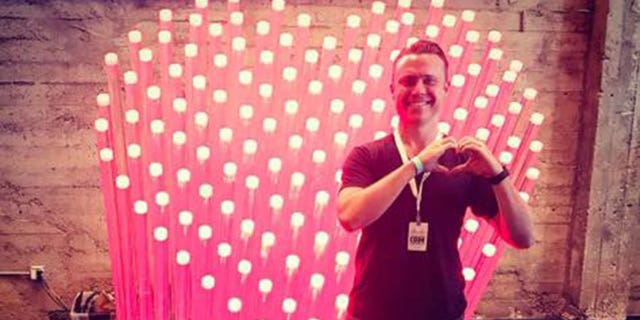 Bob Lee makes heart shape with his hands in front of a light display shaped like a heart in a photo he posted to Facebook. Lee was stabbed to death on Tuesday, April 4, 2023, according to San Francisco police.