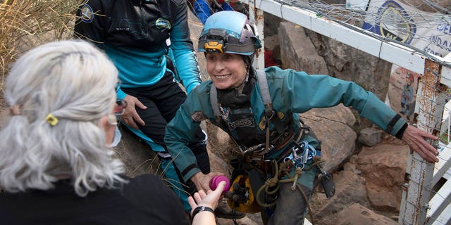 Spanish sportswoman Beatriz Flamini leaves a cave in Los Gauchos, near Motril, Spain, on April 14, 2023. Flamini who left the outside world to live isolated in a cave has finally emerged after 500 days. Flamini embarked on the mission to set a new world record.