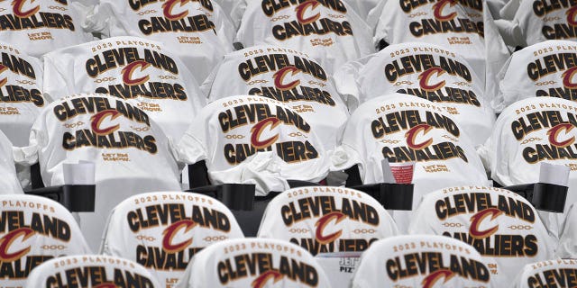 T-shirts laid out for fans before Round One Game Two of the 2023 NBA Playoffs between the New York Knicks and the Cleveland Cavaliers on April 18, 2023 at Rocket Mortgage FieldHouse in Cleveland, Ohio.