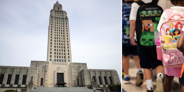 Louisiana capitol building, school children