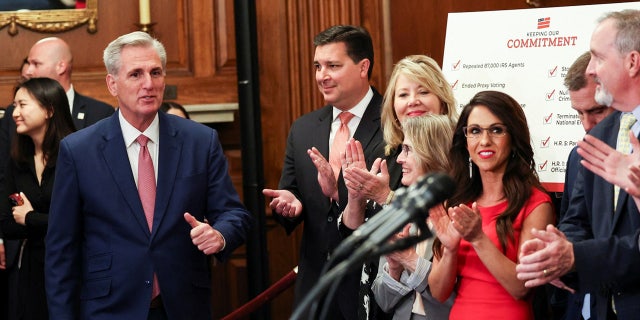 Speaker Kevin McCarthy and House Republicans hold a news conference on the Lower Energy Costs Act at the U.S. Capitol on March 30, 2023.