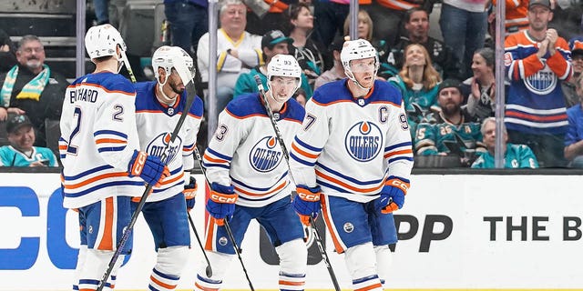 Connor McDavid #97 of the Edmonton Oilers celebrates scoring a goal in the third period against the San Jose Sharks at SAP Center on April 8, 2023, in San Jose, California. 