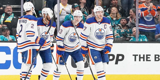 Connor McDavid #97 of the Edmonton Oilers celebrates scoring a goal in the third period against the San Jose Sharks at SAP Center on April 8, 2023, in San Jose, California.