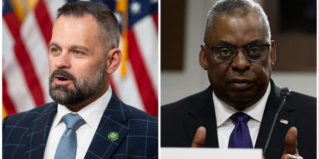Rep. Cory Mills, R-Fla., left, and Defense Secretary Lloyd Austin