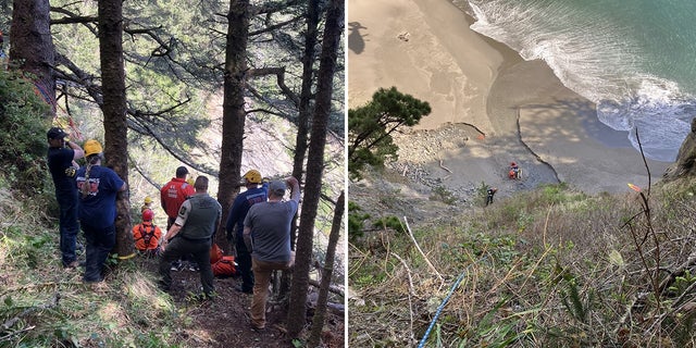 rescuers at cliff and on the beach