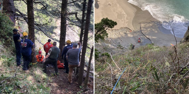 rescuers at cliff and on the beach