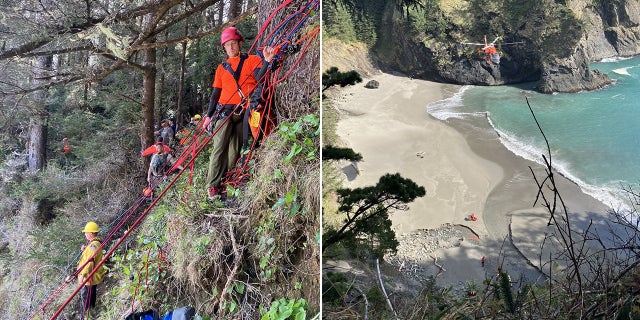 rescuers on the edge of the cliff above the beach