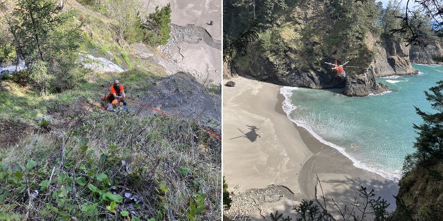  A rescuer rappelling down cliff and helicopter over beach