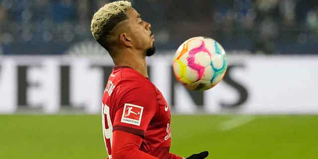 Leipzigs Benjamin Henrichs controls the ball during the German Bundesliga soccer match at an Arena in Gelsenkirchen, Germany, on Jan. 24, 2023. Henrichs posted a video on TikTok on April 6, 2023, showing hateful messages, including racist abuse.