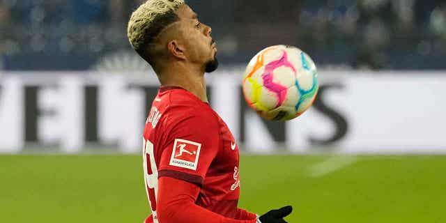 Leipzigs Benjamin Henrichs controls the ball during the German Bundesliga soccer match at an Arena in Gelsenkirchen, Germany, on Jan. 24, 2023. Henrichs posted a video on TikTok on April 6, 2023, showing hateful messages, including racist abuse.