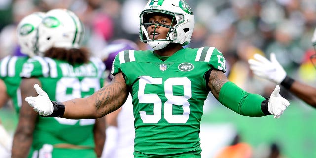 Darron Lee of the New York Jets reacts against the Minnesota Vikings at MetLife Stadium Oct. 21, 2018, in East Rutherford, N.J.