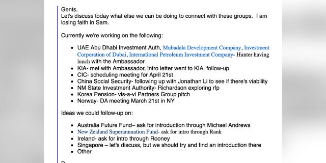 Pada Maret 2011, email Maret 2011 Devon Archer kepada Hunter dan Schwerin menambahkan dia menjadwalkan pertemuan untuk bulan April itu dengan China Investment Corporation (CIC), dana kekayaan negara terbesar di China.