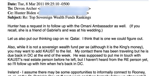 Hunter Biden's longtime business partner Eric Schwerin said in a 2011 email that he believed there may be "some opportunities to informally connect to Rooney," referring to now-deceased U.S. Ambassador to Ireland Dan Rooney, for some investment opportunities in Ireland.