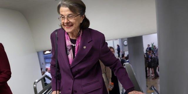 Senator Dianne Feinstein walks into the Senate chambers at the United States Capitol on February 16, 2023.