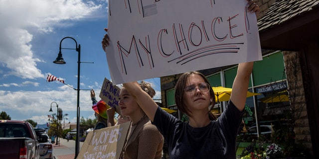 Teenagers hold pro-choice signs in Driggs, Idaho