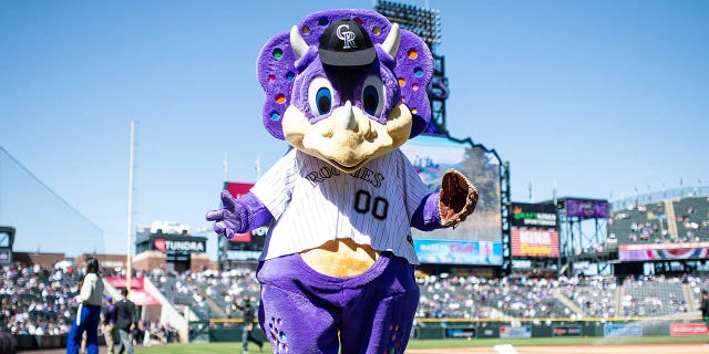 Dinger, the Colorado Rockies mascot, before the Los Angeles Dodgers game at Coors Field on April 8, 2022, in Denver.
