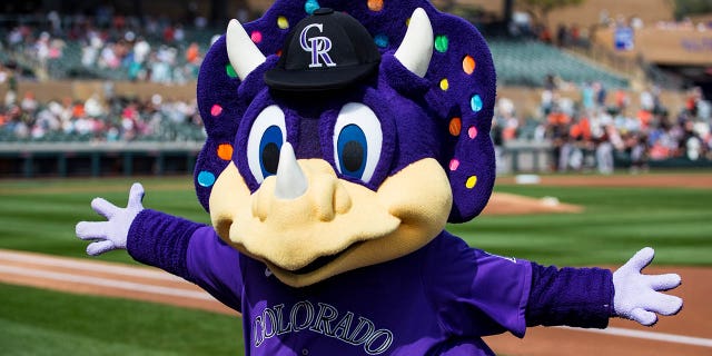 Colorado Rockies mascot Dinger performs before a spring training game against the San Francisco Giants at Salt River Fields at Talking Stick on March 10, 2023, in Scottsdale, Arizona.