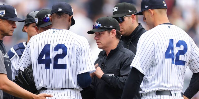 El árbitro DJ Reyburn, #17, revisa a Domingo German de los Yankees de Nueva York en la cuarta entrada durante un juego contra los Mellizos de Minnesota en el Yankee Stadium el 15 de abril de 2023, en Bronx, Nueva York.  Todos los jugadores usan el número 42 en honor al Día de Jackie Robinson. 