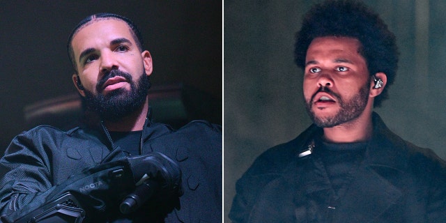 Drake looks off in the distance on stage in all black, holding a microphone with gloves split The Weeknd looks off in the opposite distance with some smoke behind him on stage