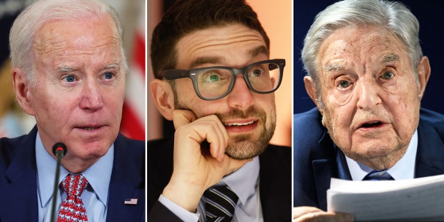 Alexander Soros, middle, a son of liberal billionaire George Soros, right, has made frequent visits to the White House since President Biden took office in 2021, meeting with top officials in a number of meetings on behalf of his 92-year-old father.