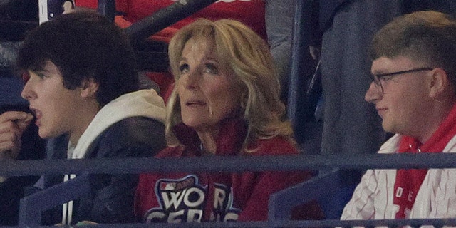 Jill Biden watches the World Series