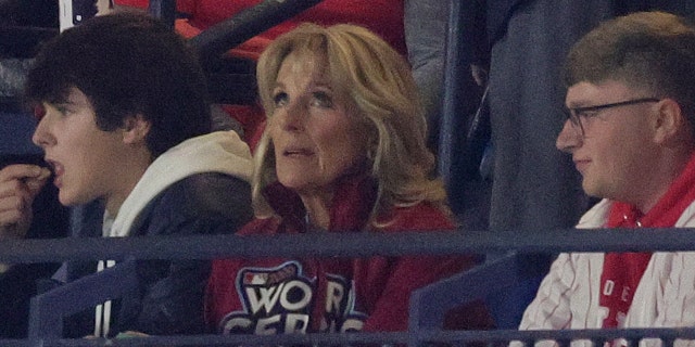 Jill Biden watches the World Series