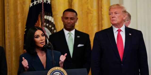 Kim Kardashian is invited to speak by U.S. President Donald Trump during an event celebrating the second chance hiring reentry program for former inmates at the White House in Washington, June 13, 2019.