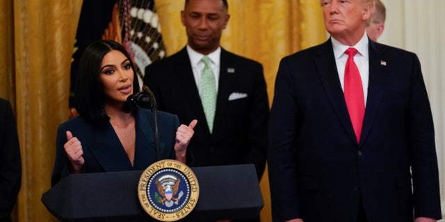 Kim Kardashian is invited to speak by U.S. President Donald Trump during an event celebrating the second chance hiring reentry program for former inmates at the White House in Washington, June 13, 2019.