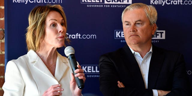 Kentucky Republican gubernatorial candidate Kelly Craft, left, speaks next to Rep. James Comer in Elizabethtown, Kentucky, on April 12, 2023.Â