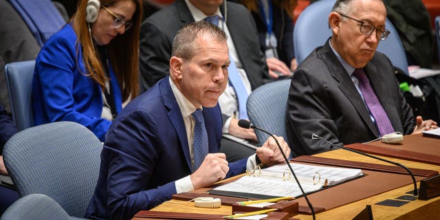 Israeli Ambassador Erdan speaks during UN meeting