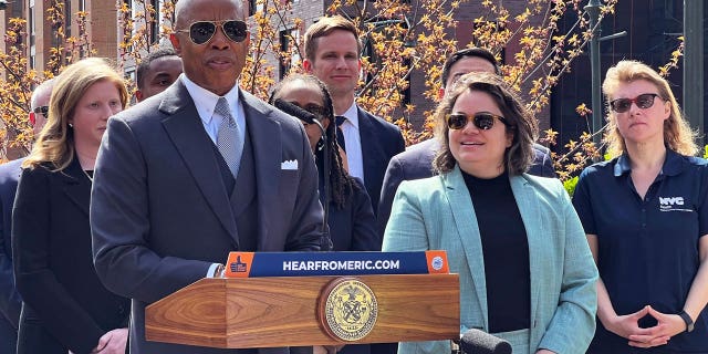 Democratic New York City Mayor Eric Adams on Wednesday introduced Kathleen Corradi, center, as the citys first "rat czar."
