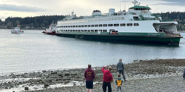 People look at the Walla Walla passenger ferry which ran aground near Bainbridge Island west of Seattle, Washington, on April 15, 2023.
