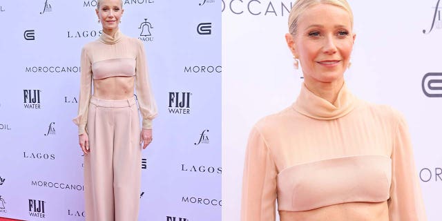 Split screen of wide and close ups of Gwyneth Paltrow in beige crop top showing abs