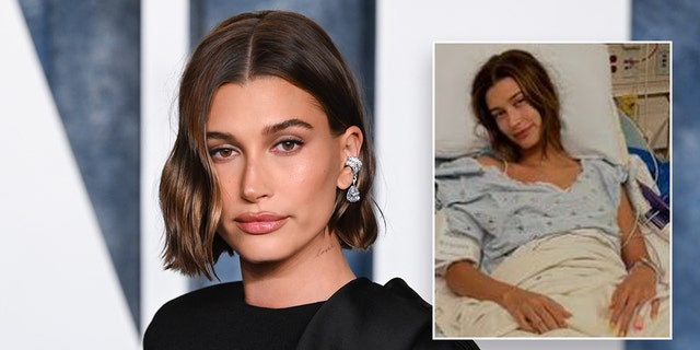 Hailey Bieber shared hospital photo from heart surgery, posed on the red carpet at Oscars after party