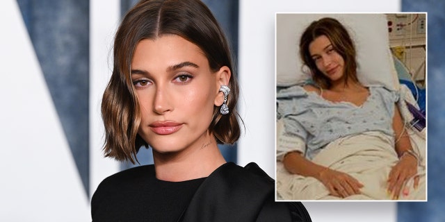 Hailey Bieber shared hospital photo from heart surgery, posed on the red carpet at Oscars after party