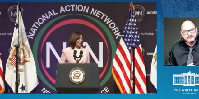Vice President Kamala Harris speaks about her "love" for Rev. Al Sharpton during a speech on Friday.