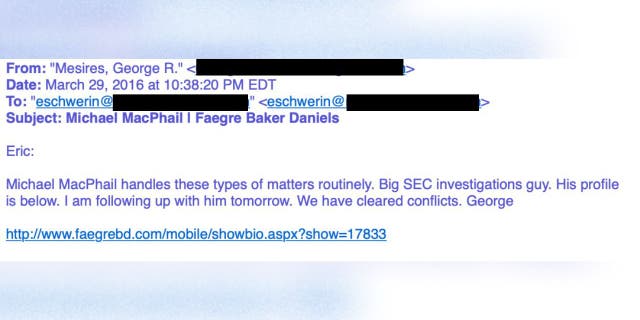 George Mesires introduced Michael MacPhail to Eric Schwerin, calling him the "Big SEC investigations guy."