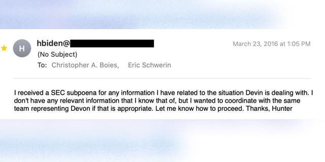 In a March 2016 email, Hunter Biden told longtime business partner Eric Schwerin that he "received a SEC subpoena for any information" he had regarding the investigation into Devon Archer.