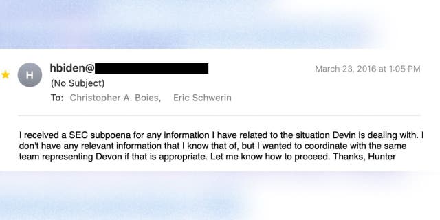 In a March 2016 email, Hunter Biden told longtime business partner Eric Schwerin that he "received a SEC subpoena for any information" he had regarding the investigation into Devon Archer.