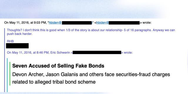 Hunter Biden expressed concerns in May 2016 about a Wall Street Journal report, saying, "I don't think this is good when 1/3 of the story is about our relationship," referring to Devon Archer.