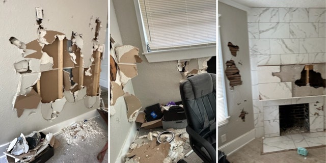 Images of a home destroyed by squatters including walls smashed.